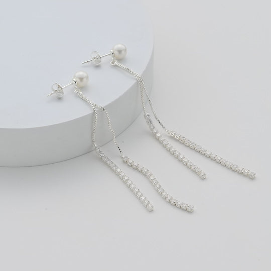 Silver Plated Pearl Dangle Earrings Created with Zircondia® Crystals Video