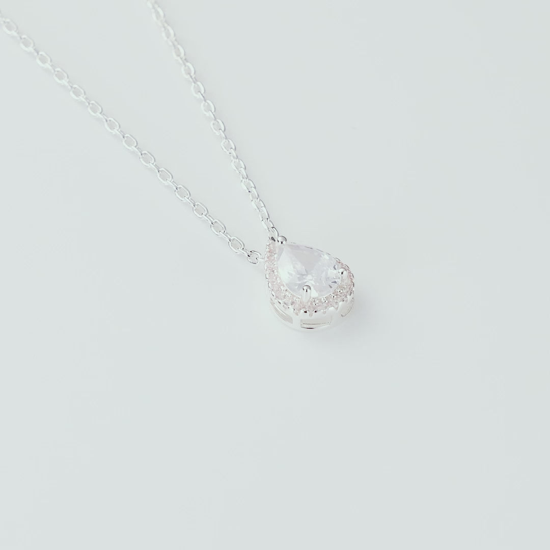 Silver Plated Pear Halo Necklace Created with Zircondia® Crystals