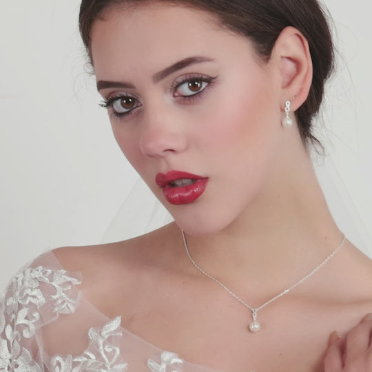 Silver Plated Infinity Pearl Drop Bridal Set Created with Zircondia® Crystals