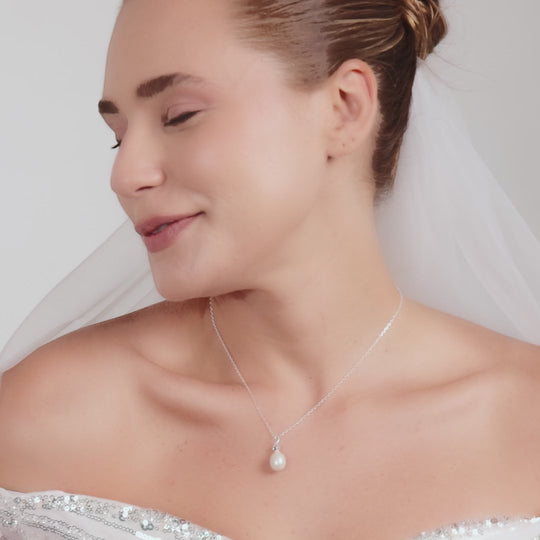 Sterling Silver White Pearl Drop Bridal Necklace Created with Zircondia® Crystals