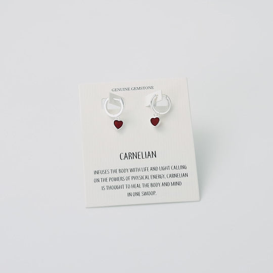 Carnelian Gemstone Heart Charm Hoop Earrings with Quote Card
