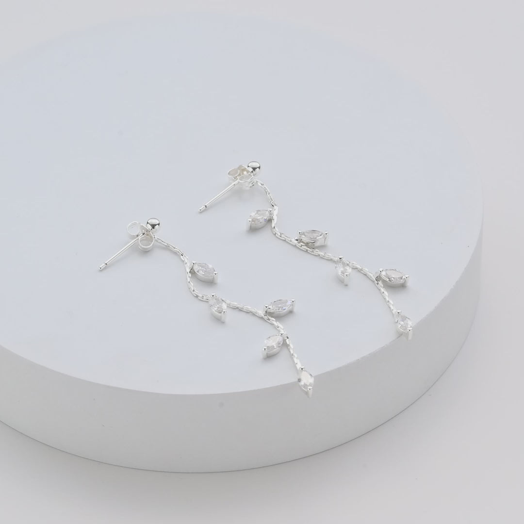 Silver Plated Leaf Dangle Earrings Created with Zircondia® Crystals Video