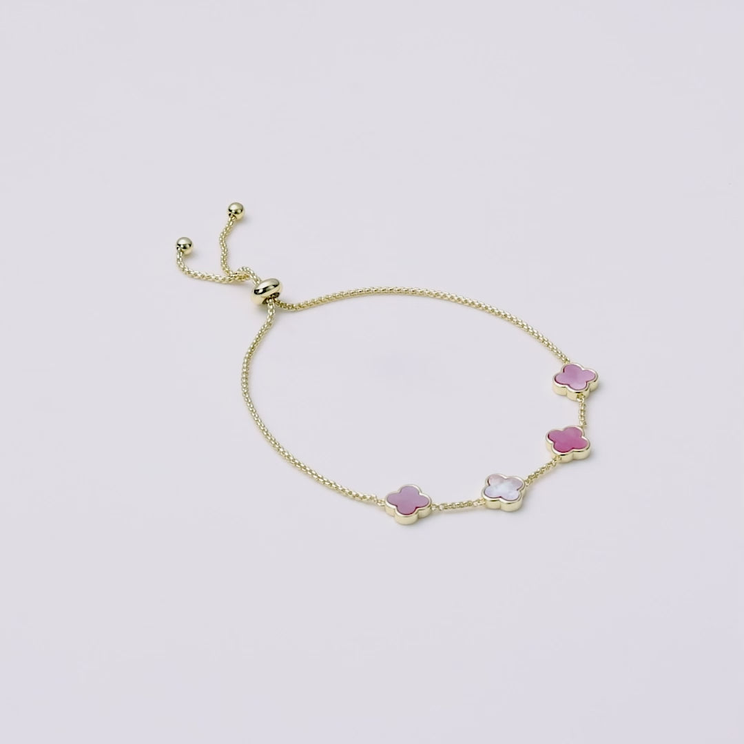 Gold Plated Pink Mother Of Pearl Multi Clover Friendship Bracelet