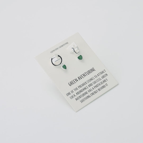 Green Aventurine Gemstone Heart Charm Hoop Earrings with Quote Card