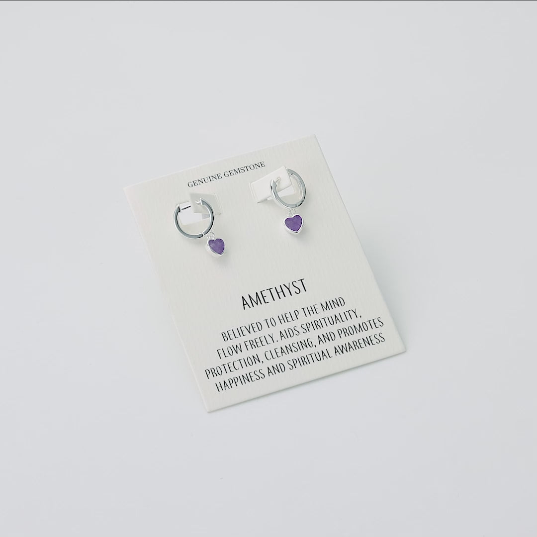 Amethyst Gemstone Heart Charm Hoop Earrings with Quote Card