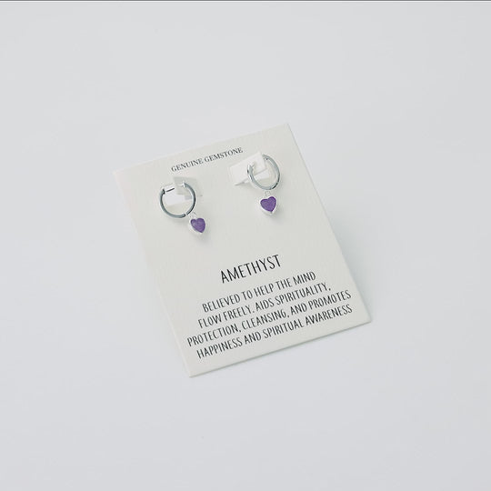 Amethyst Gemstone Heart Charm Hoop Earrings with Quote Card