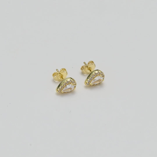 Gold Plated Pear Halo Earrings Created with Zircondia® Crystals Video