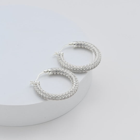 Silver Plated 30mm Pave Hoop Earrings Created with Zircondia® Crystals Video