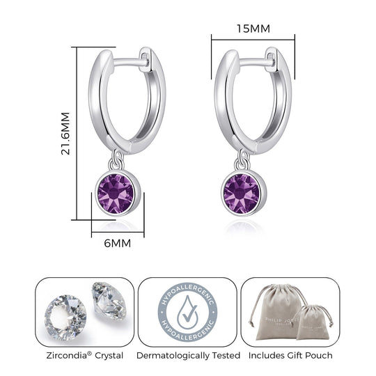 Purple Crystal Hoop Earrings Created with Zircondia® Crystals - Philip Jones Jewellery