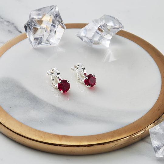 Red Crystal Clip On Earrings Created with Zircondia® Crystals - Philip Jones Jewellery
