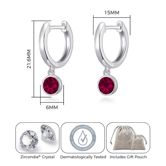 Red Crystal Hoop Earrings Created with Zircondia® Crystals - Philip Jones Jewellery