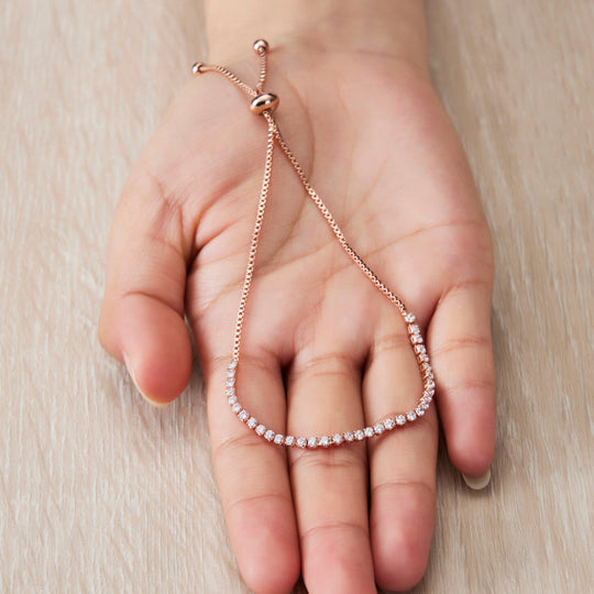 Rose Gold Plated 2mm Adjustable Tennis Bracelet Created with Zircondia® Crystals - Philip Jones Jewellery