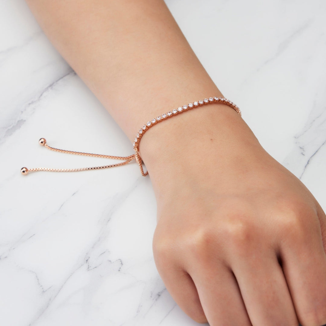 Rose Gold Plated 2mm Adjustable Tennis Bracelet Created with Zircondia® Crystals - Philip Jones Jewellery