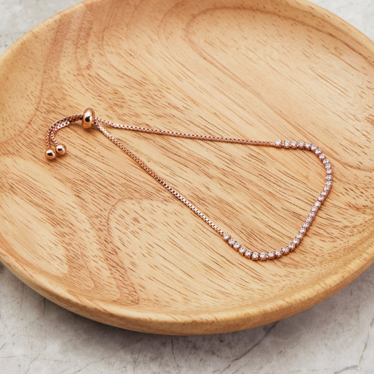 Rose Gold Plated 2mm Adjustable Tennis Bracelet Created with Zircondia® Crystals - Philip Jones Jewellery
