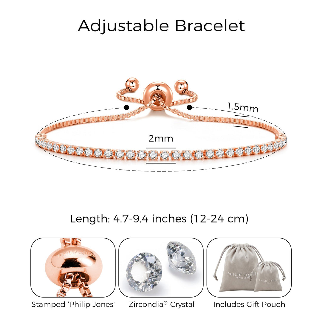 Rose Gold Plated 2mm Adjustable Tennis Bracelet Created with Zircondia® Crystals - Philip Jones Jewellery
