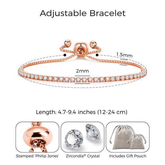 Rose Gold Plated 2mm Adjustable Tennis Bracelet Created with Zircondia® Crystals - Philip Jones Jewellery