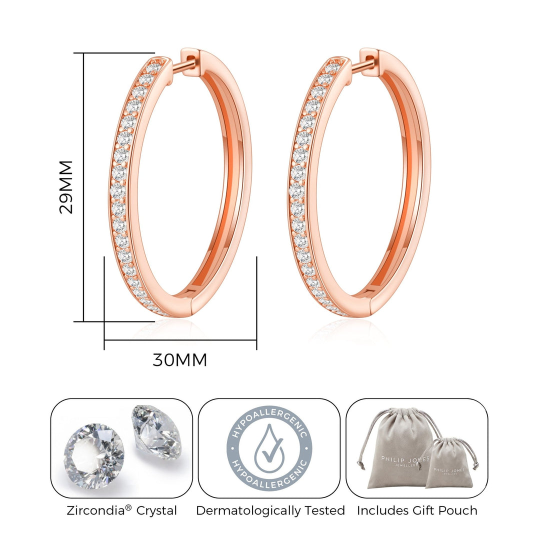 Rose Gold Plated 30mm Hoop Earrings Created with Zircondia® Crystals - Philip Jones Jewellery