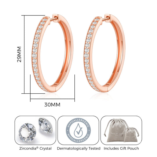 Rose Gold Plated 30mm Hoop Earrings Created with Zircondia® Crystals - Philip Jones Jewellery
