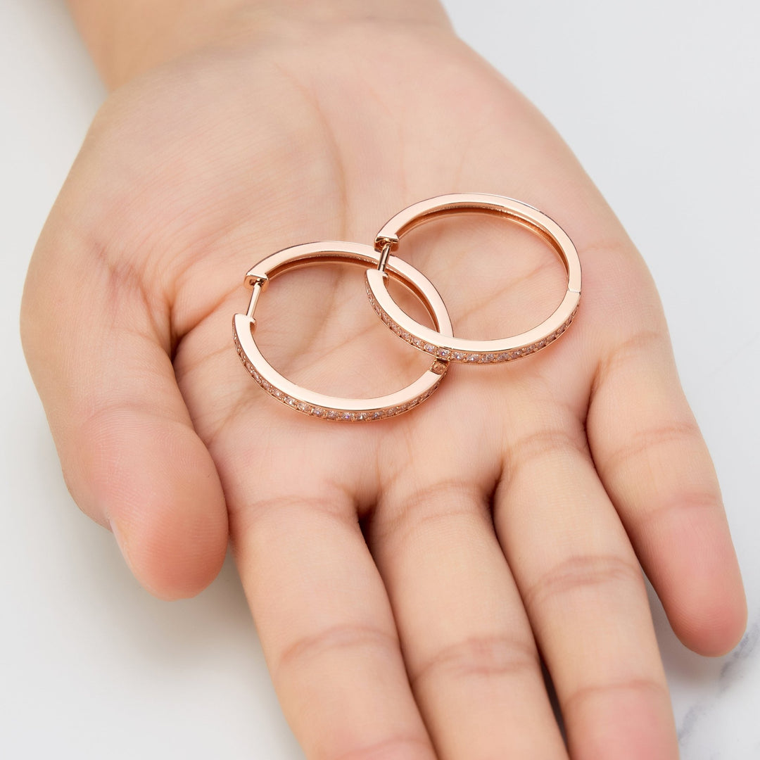 Rose Gold Plated 30mm Hoop Earrings Created with Zircondia® Crystals - Philip Jones Jewellery