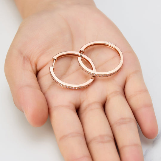 Rose Gold Plated 30mm Hoop Earrings Created with Zircondia® Crystals - Philip Jones Jewellery