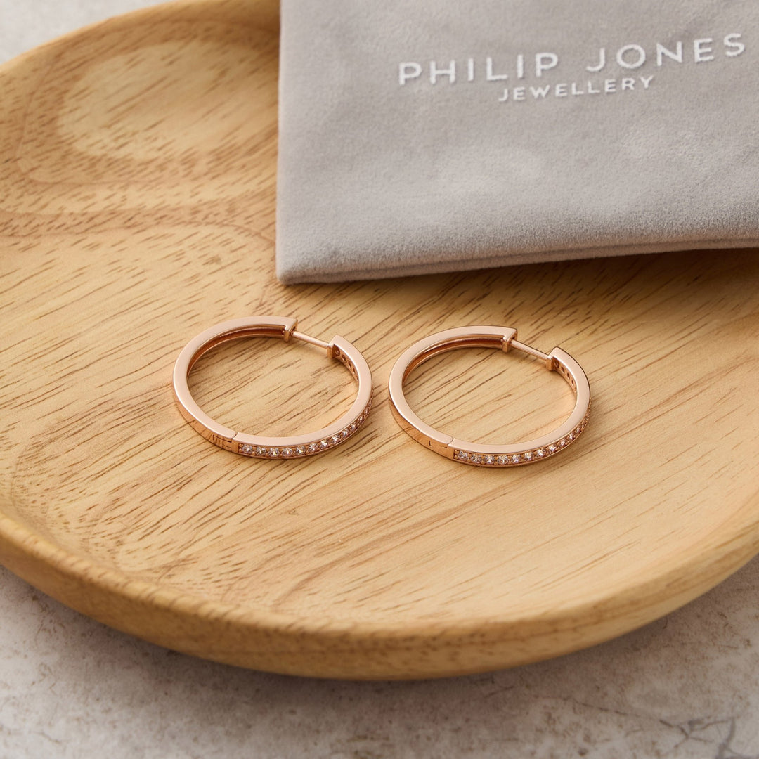 Rose Gold Plated 30mm Hoop Earrings Created with Zircondia® Crystals - Philip Jones Jewellery
