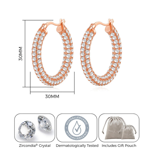 Rose Gold Plated 30mm Pave Hoop Earrings Created with Zircondia® Crystals - Philip Jones Jewellery