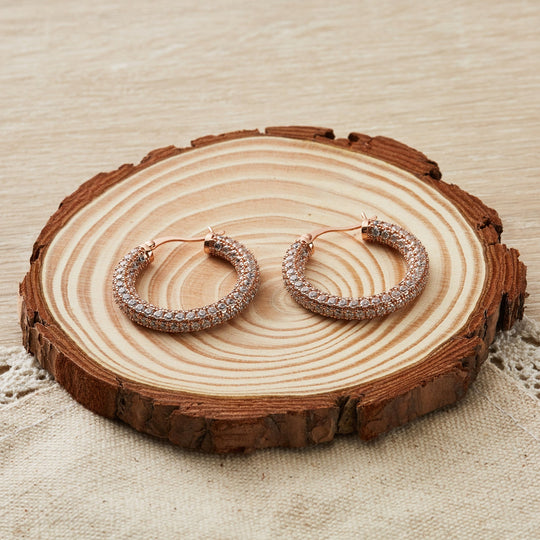 Rose Gold Plated 30mm Pave Hoop Earrings Created with Zircondia® Crystals - Philip Jones Jewellery