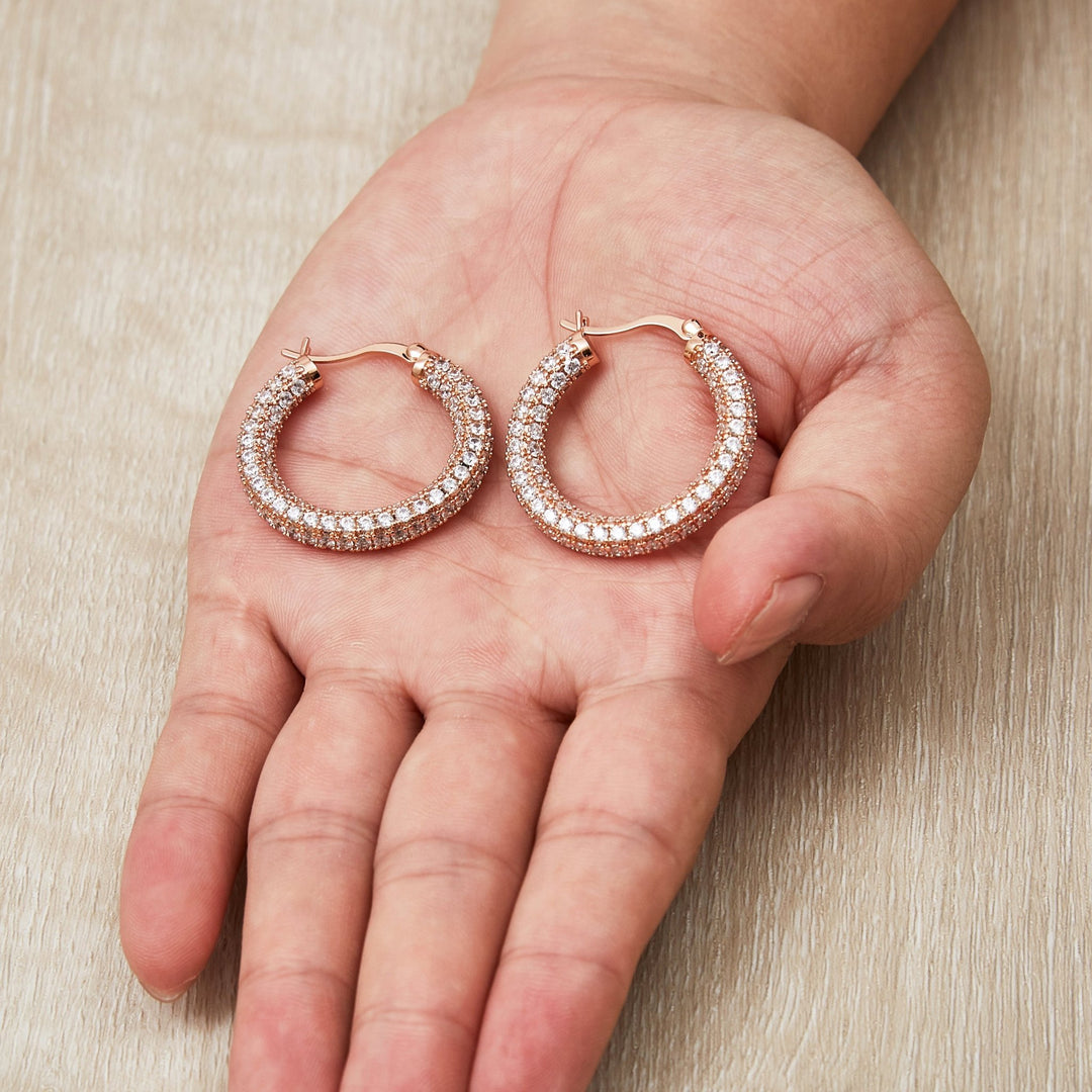 Rose Gold Plated 30mm Pave Hoop Earrings Created with Zircondia® Crystals - Philip Jones Jewellery