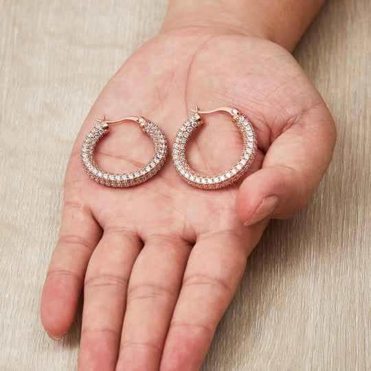 Rose Gold Plated 30mm Pave Hoop Earrings Created with Zircondia® Crystals - Philip Jones Jewellery