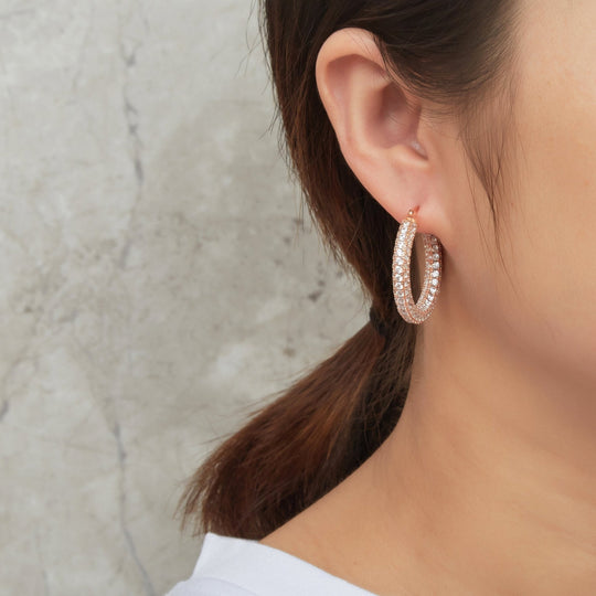 Rose Gold Plated 30mm Pave Hoop Earrings Created with Zircondia® Crystals - Philip Jones Jewellery