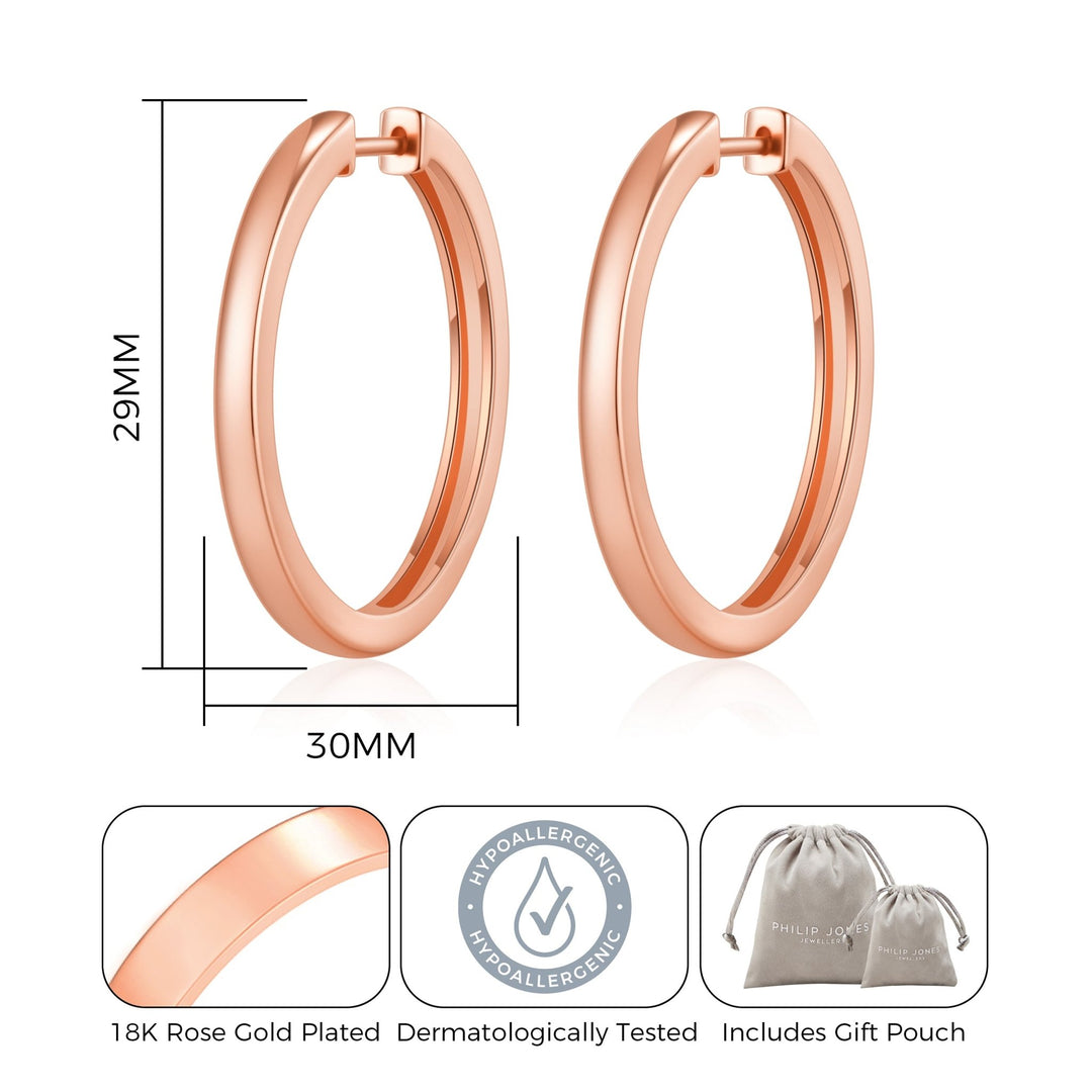 Rose Gold Plated 30mm Plain Hoop Earrings Created with Zircondia® Crystals - Philip Jones Jewellery