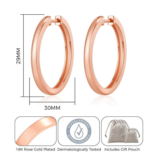 Rose Gold Plated 30mm Plain Hoop Earrings Created with Zircondia® Crystals - Philip Jones Jewellery
