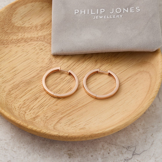 Rose Gold Plated 30mm Plain Hoop Earrings Created with Zircondia® Crystals - Philip Jones Jewellery