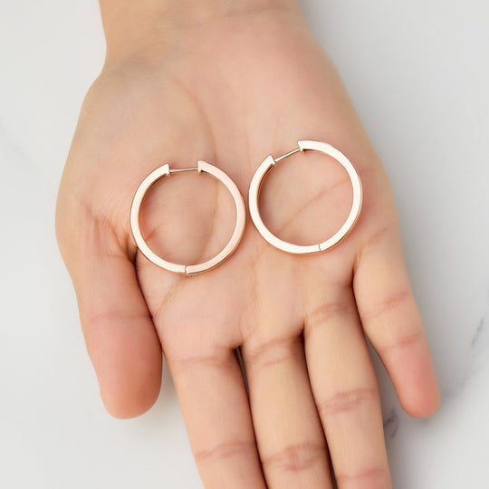 Rose Gold Plated 30mm Plain Hoop Earrings Created with Zircondia® Crystals - Philip Jones Jewellery