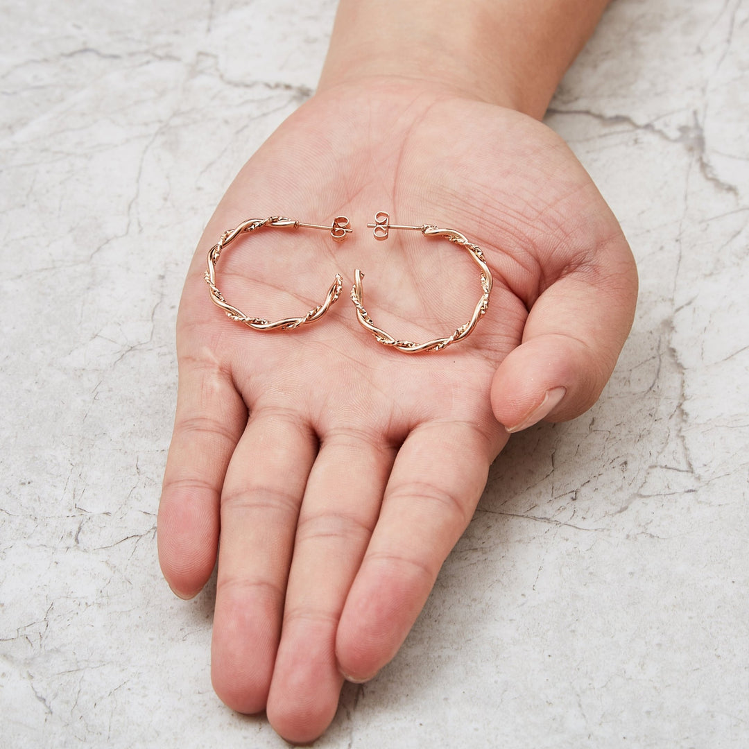 Rose Gold Plated 30mm Twisted Diamond Cut Hoop Earrings - Philip Jones Jewellery