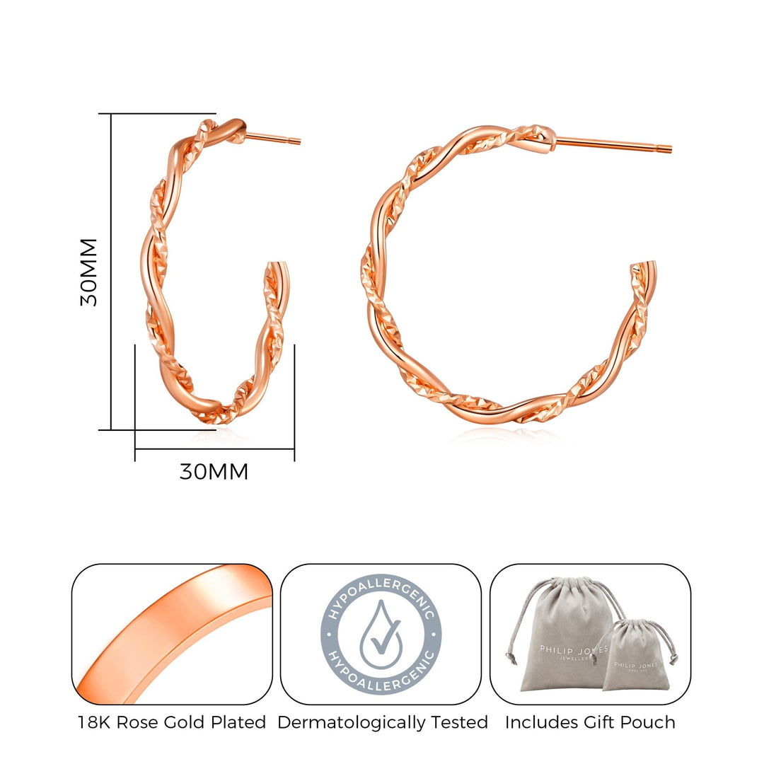 Rose Gold Plated 30mm Twisted Diamond Cut Hoop Earrings - Philip Jones Jewellery