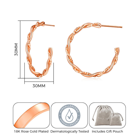 Rose Gold Plated 30mm Twisted Diamond Cut Hoop Earrings - Philip Jones Jewellery