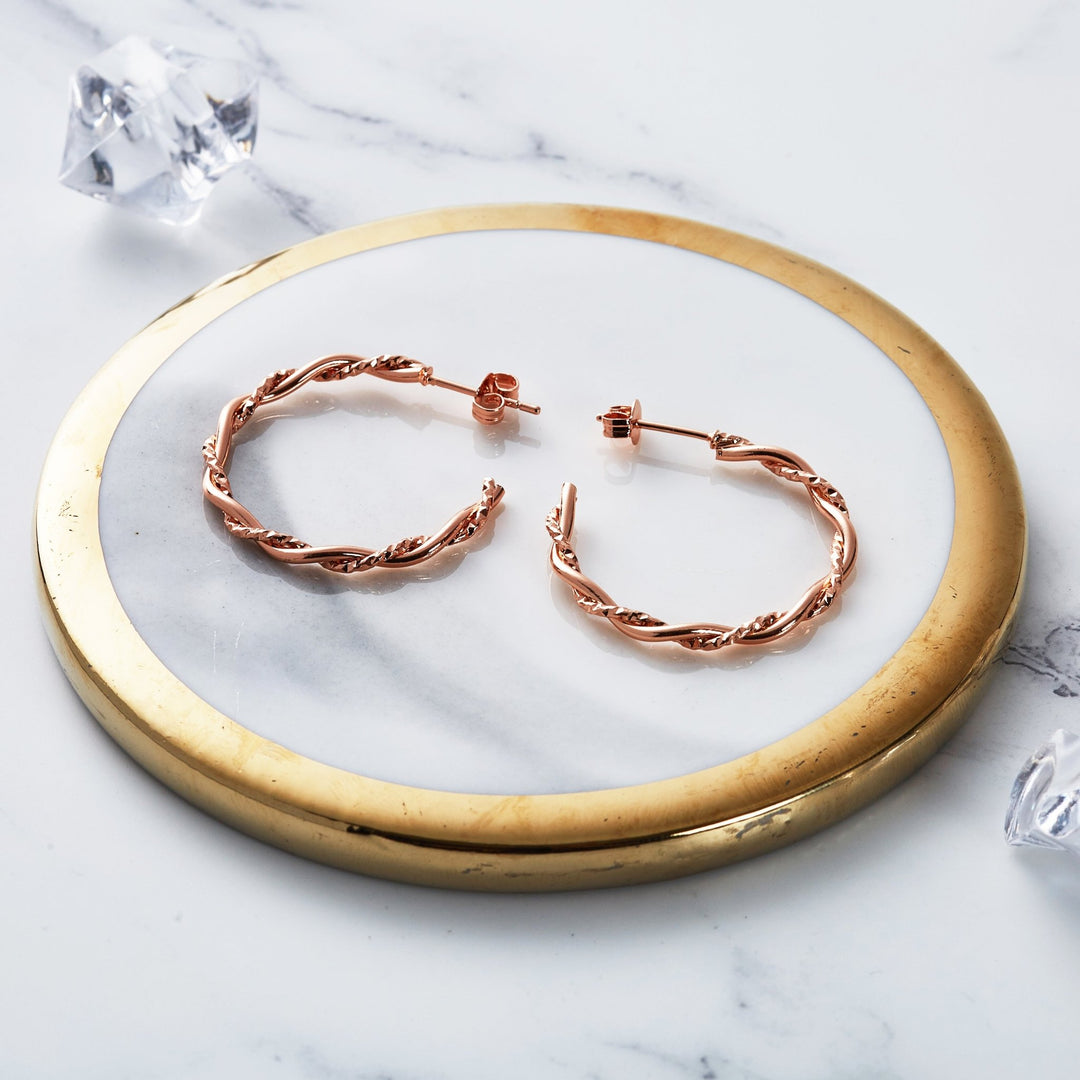 Rose Gold Plated 30mm Twisted Diamond Cut Hoop Earrings - Philip Jones Jewellery