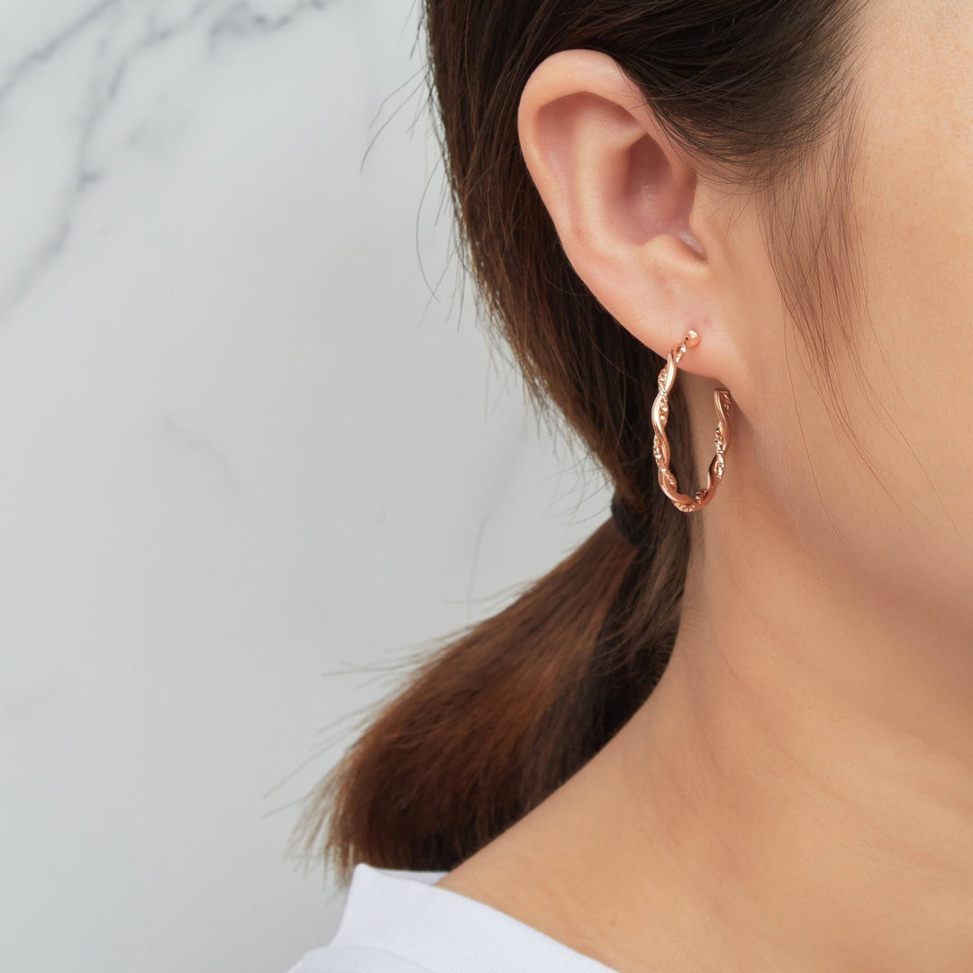 Rose Gold Plated 30mm Twisted Diamond Cut Hoop Earrings - Philip Jones Jewellery