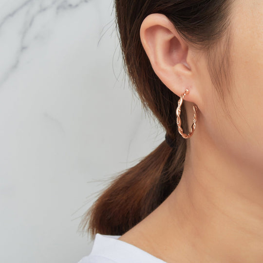Rose Gold Plated 30mm Twisted Diamond Cut Hoop Earrings - Philip Jones Jewellery
