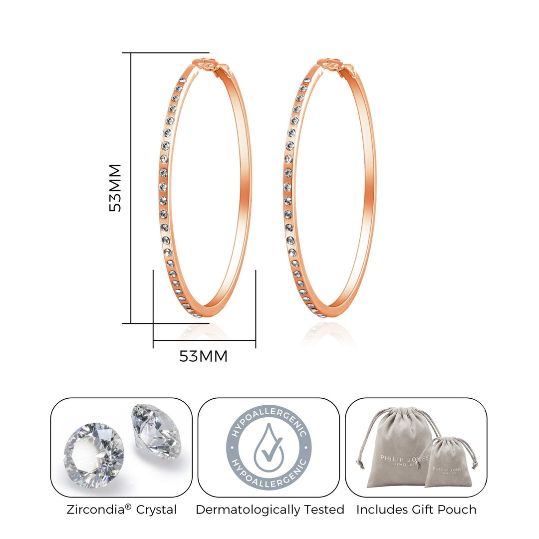 Rose Gold Plated 50mm Hoop Earrings Created with Zircondia® Crystals - Philip Jones Jewellery