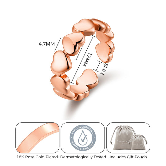 Rose Gold Plated Adjustable Heart Band Ring - Philip Jones Jewellery