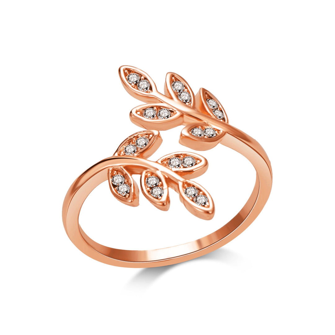 Rose Gold Plated Adjustable Leaf Ring Created with Zircondia® Crystals - Philip Jones Jewellery