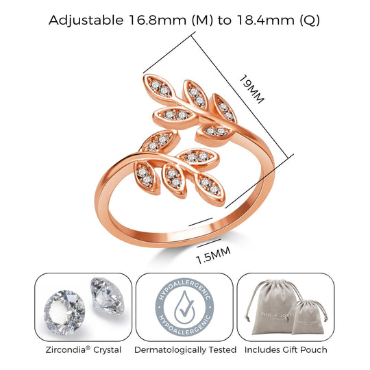 Rose Gold Plated Adjustable Leaf Ring Created with Zircondia® Crystals - Philip Jones Jewellery