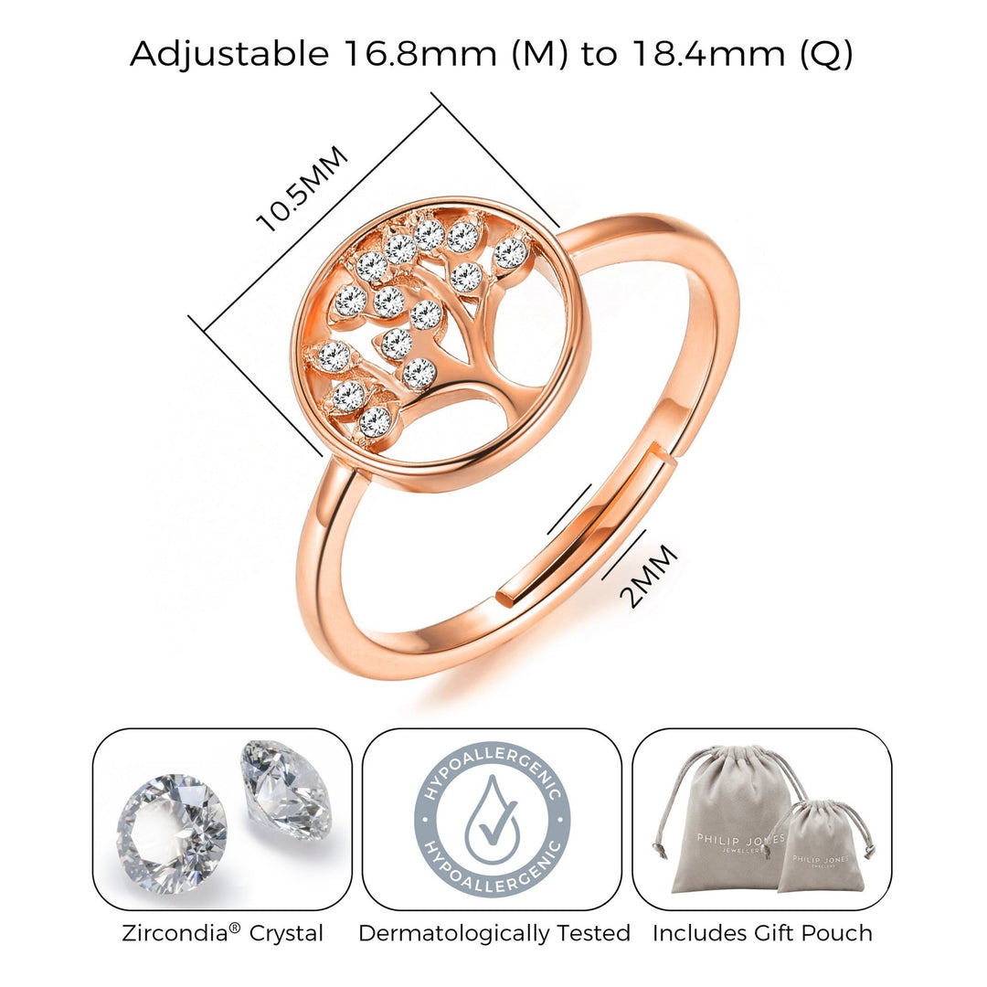 Rose Gold Plated Adjustable Tree of Life Ring Created with Zircondia® Crystals - Philip Jones Jewellery