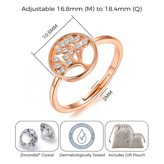 Rose Gold Plated Adjustable Tree of Life Ring Created with Zircondia® Crystals - Philip Jones Jewellery