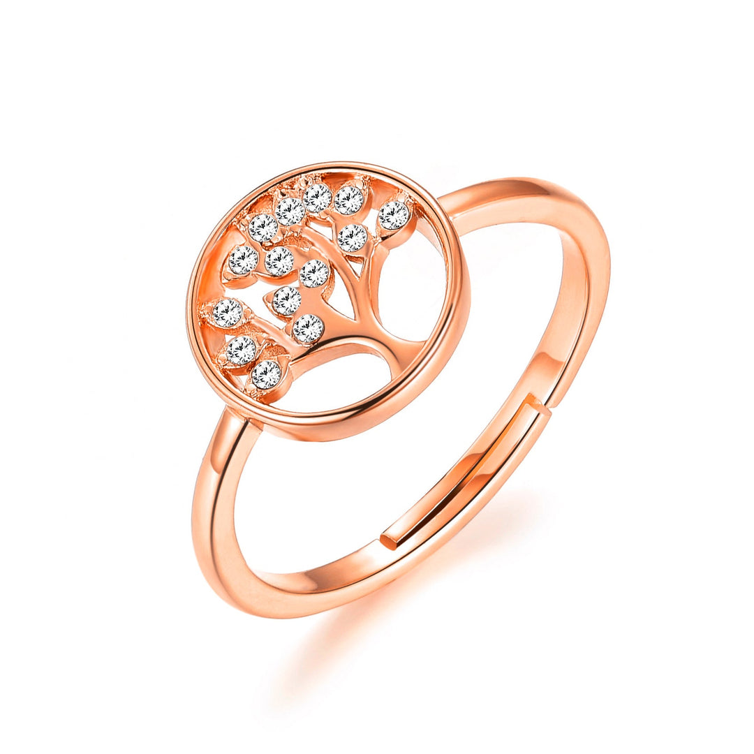 Rose Gold Plated Adjustable Tree of Life Ring Created with Zircondia® Crystals - Philip Jones Jewellery