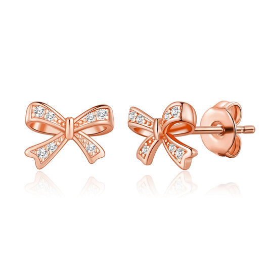 Rose Gold Plated Bow Earrings Created with Zircondia® Crystals - Philip Jones Jewellery