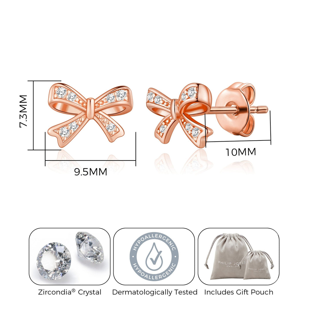 Rose Gold Plated Bow Earrings Created with Zircondia® Crystals - Philip Jones Jewellery