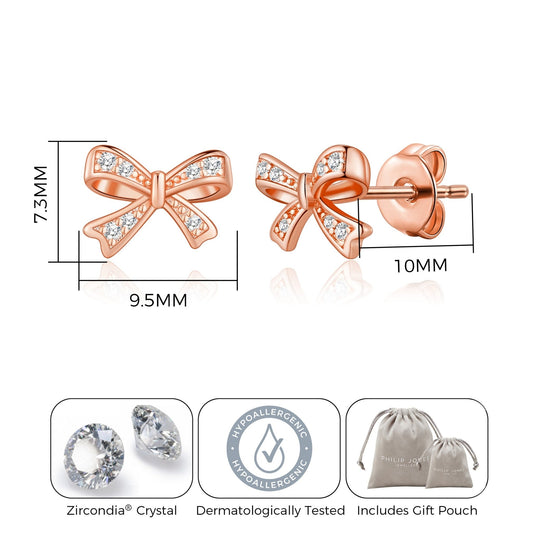 Rose Gold Plated Bow Earrings Created with Zircondia® Crystals - Philip Jones Jewellery